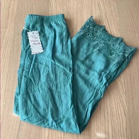 🆕Pretty Angel Linen Blend Aqua Lace-Trim Palazzo Pants S🆕 - Picture 5 of 12